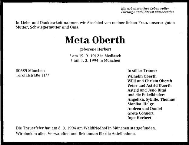 Herbert Meta 1912-1994 Todesanzeige